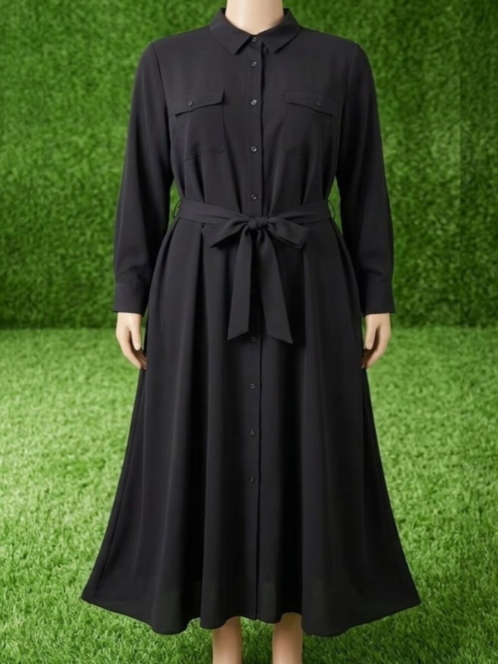 Alfani Women's 3X Black Maxi Shirt Dress Long Sleeve Button Up Belted Pockets